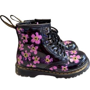Dr. Martens 1460 T Kids Floral Patent Leather Combat Boots Black Size 10